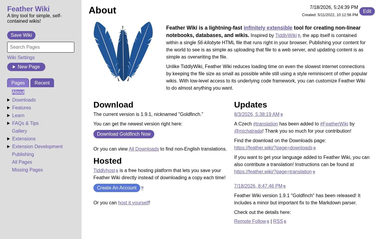 Feather Wiki homepage screenshot