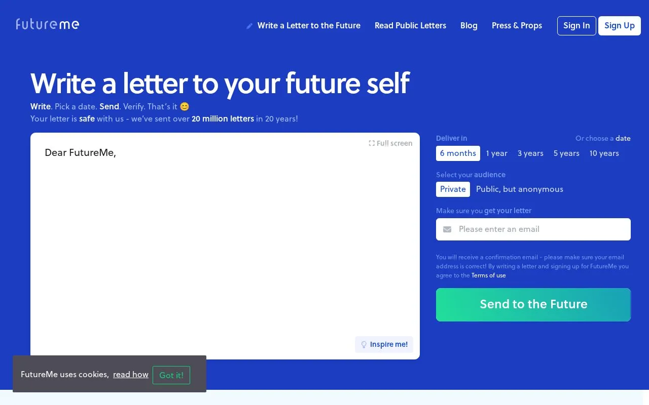 FutureMe homepage screenshot