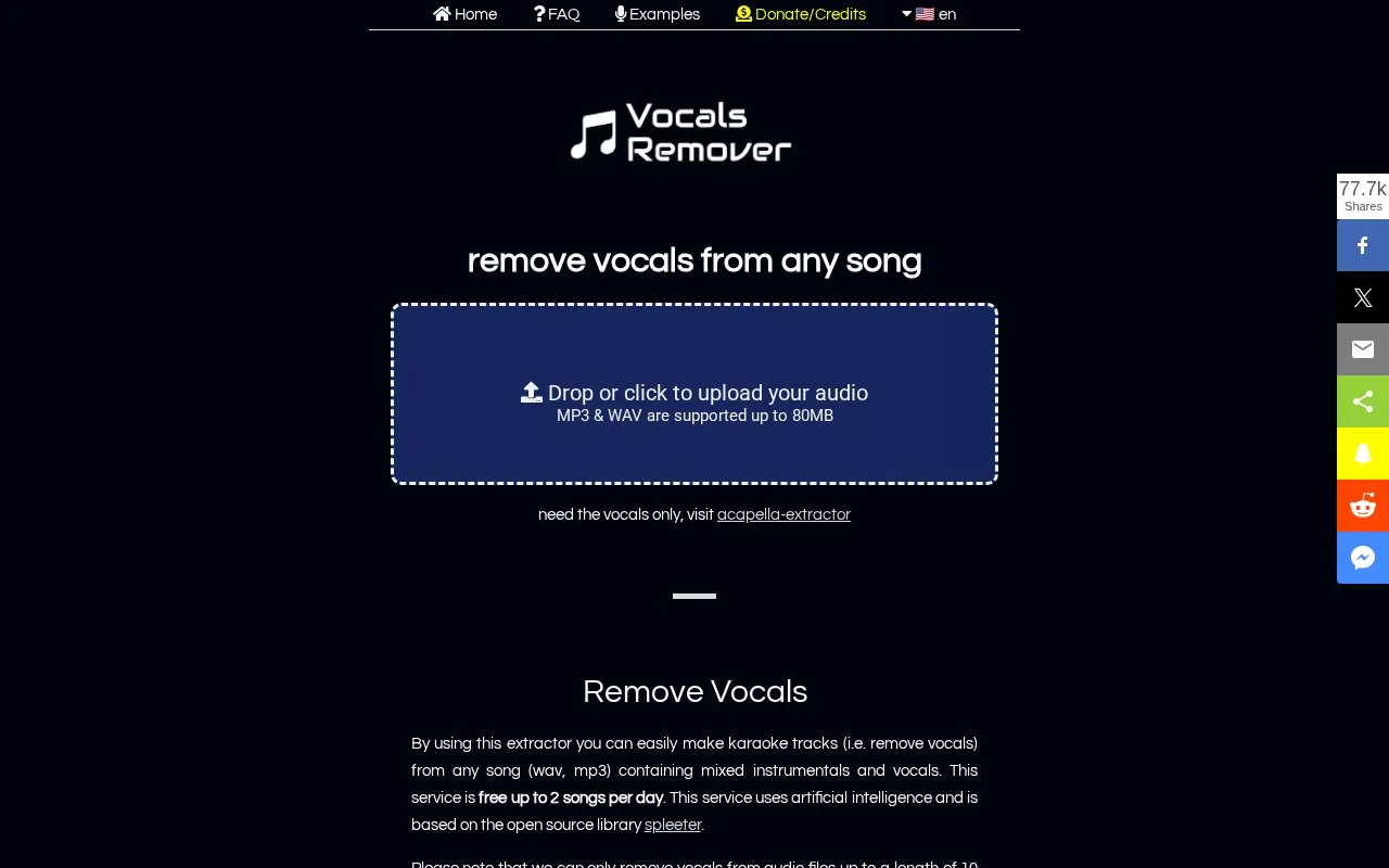 Remove Vocals homepage screenshot