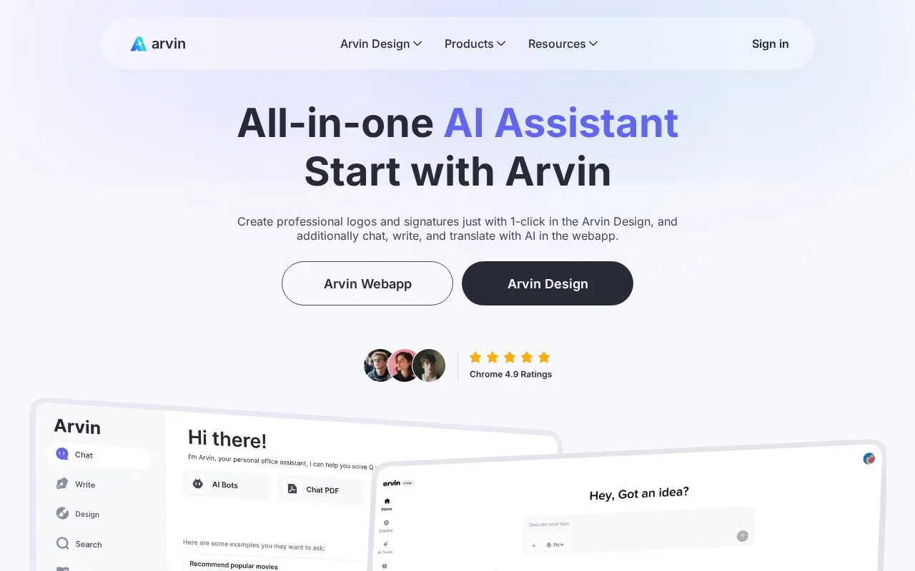Arvin homepage screenshot