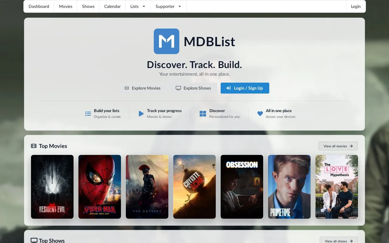 MDBList homepage screenshot