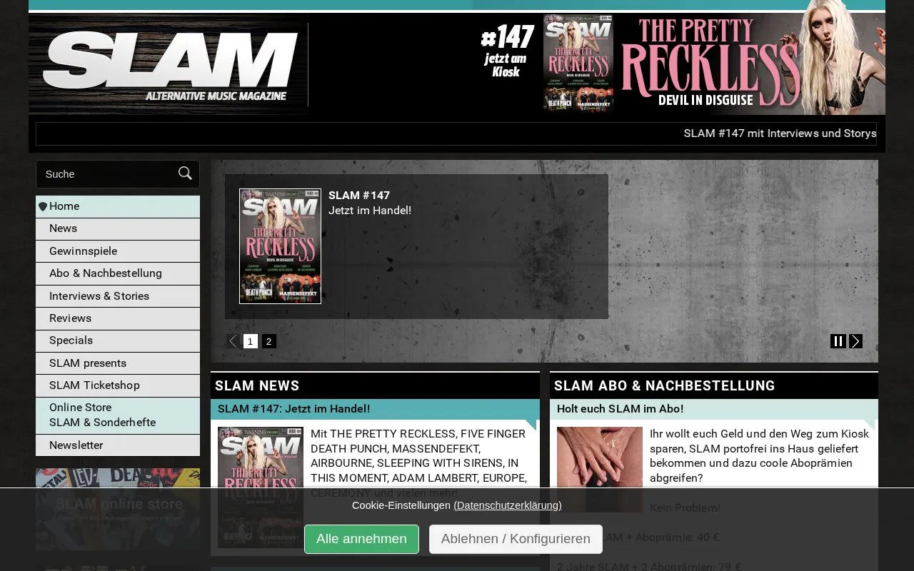 SLAM alternative music magazine homepage screenshot
