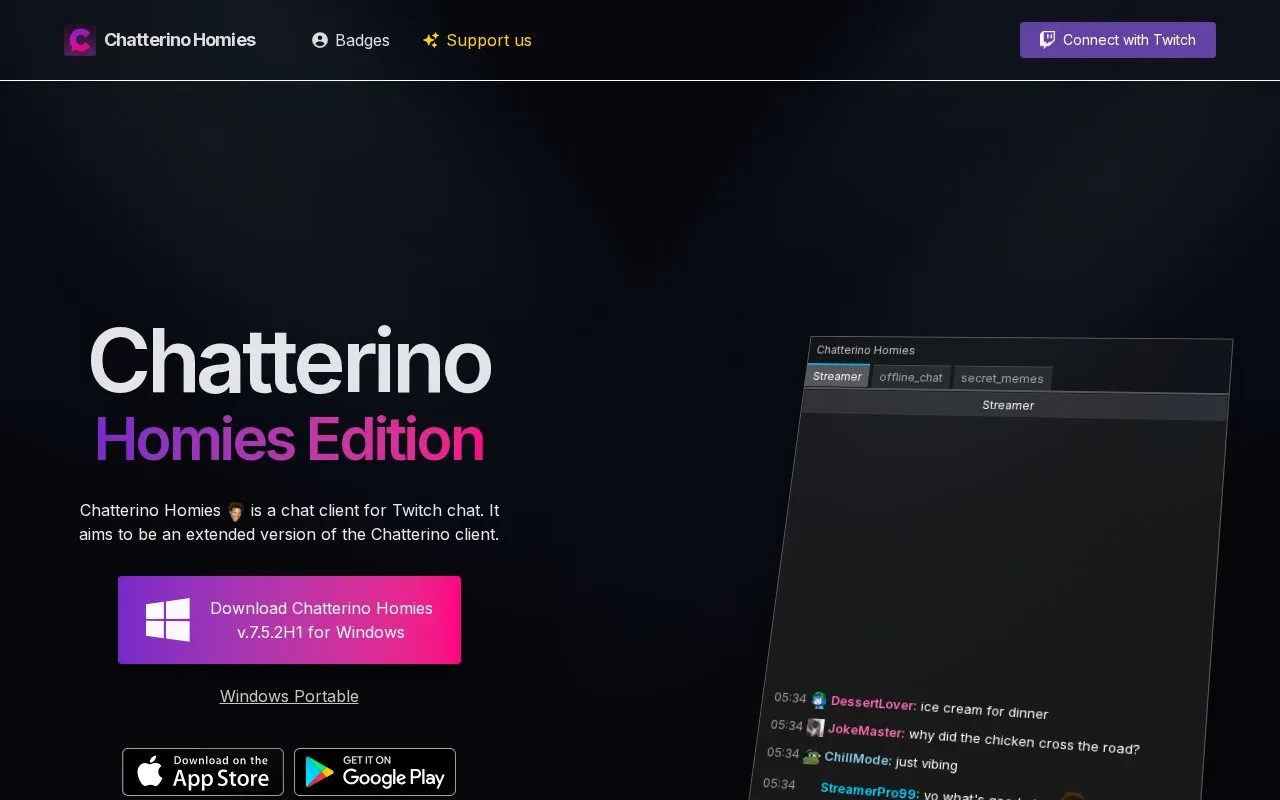 Chatterino Homies homepage screenshot