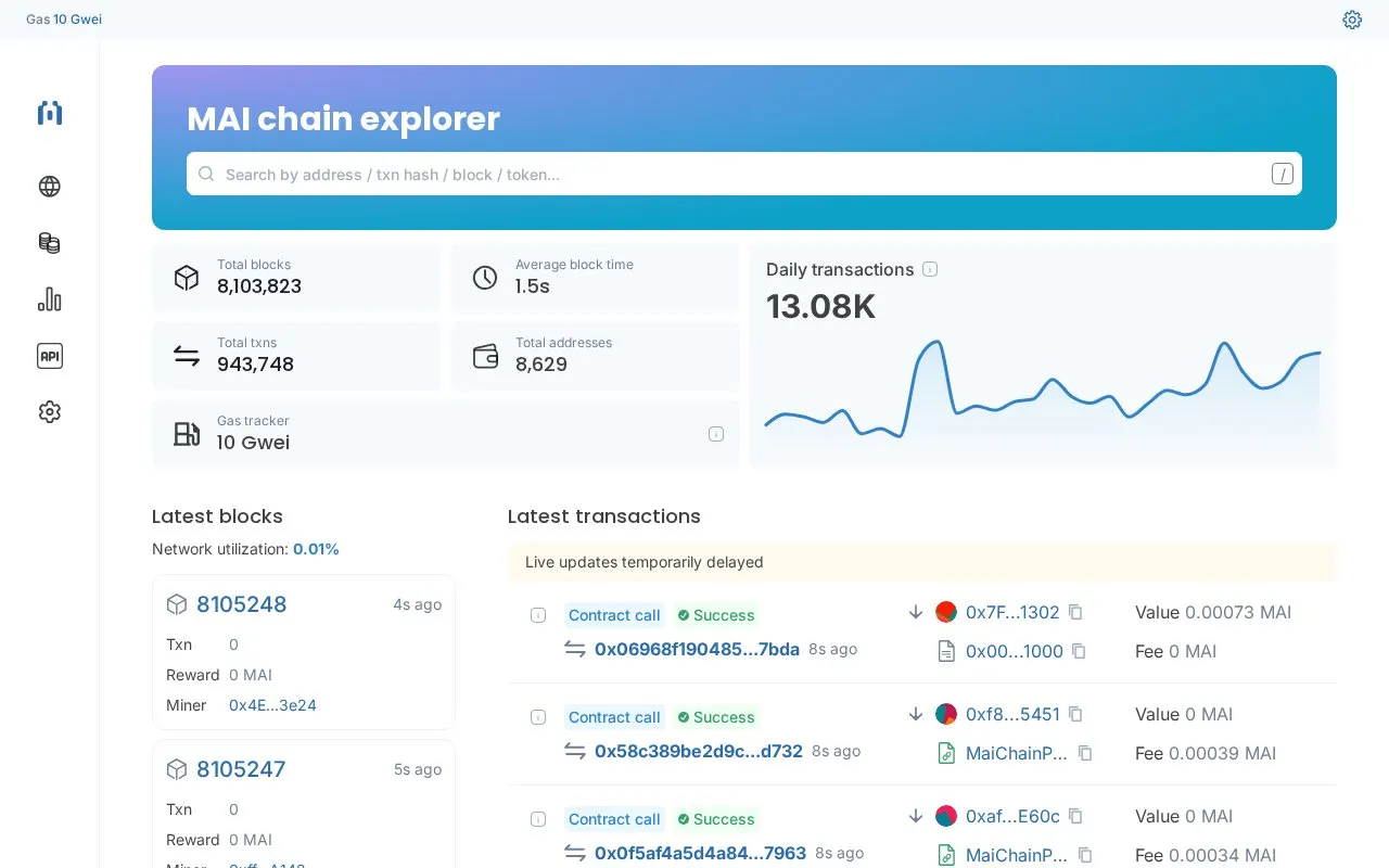 MAI Chain Mainnet — maiscan homepage screenshot