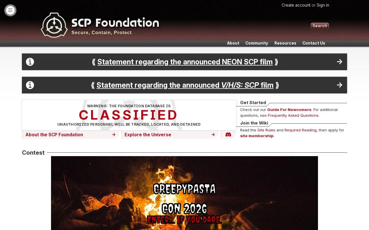 SCP Foundation homepage screenshot