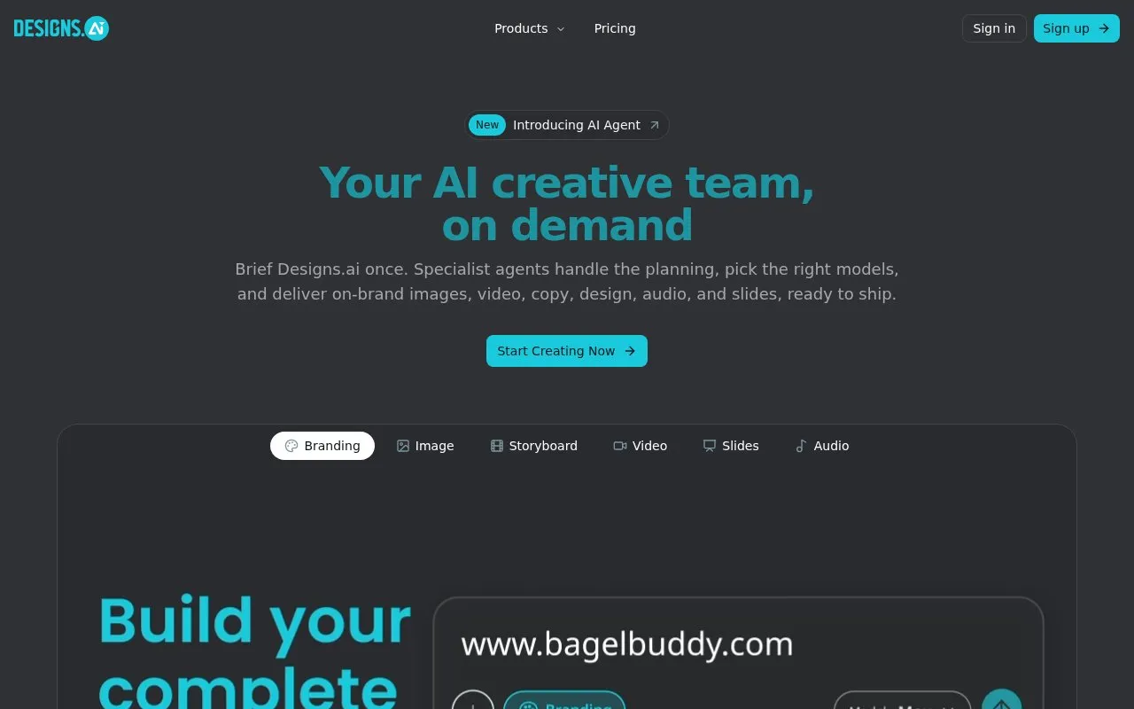 Designs.ai homepage screenshot