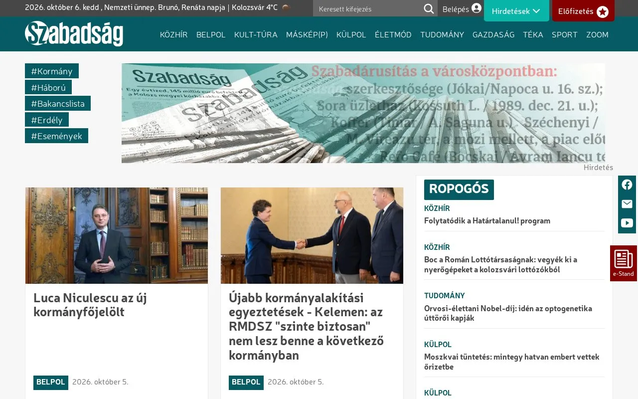 Szabadság homepage screenshot