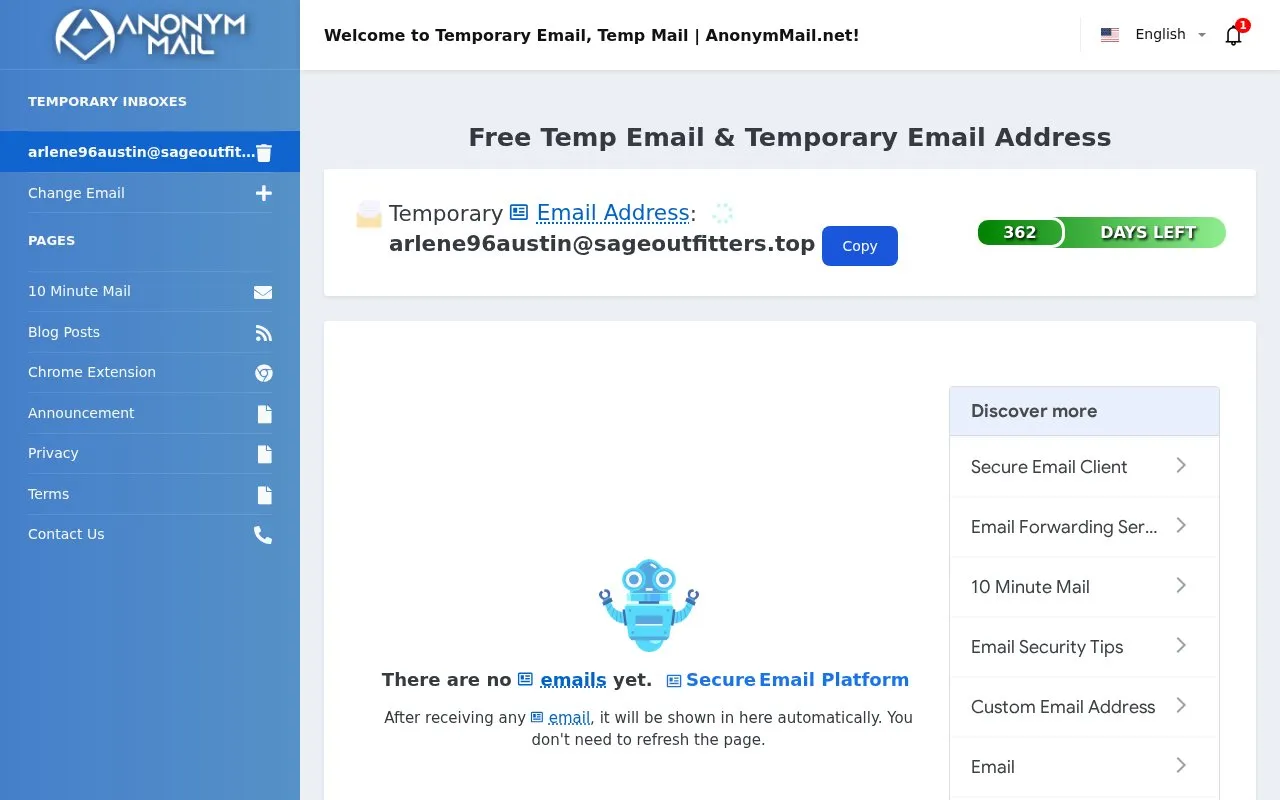 AnonymMail.net homepage screenshot