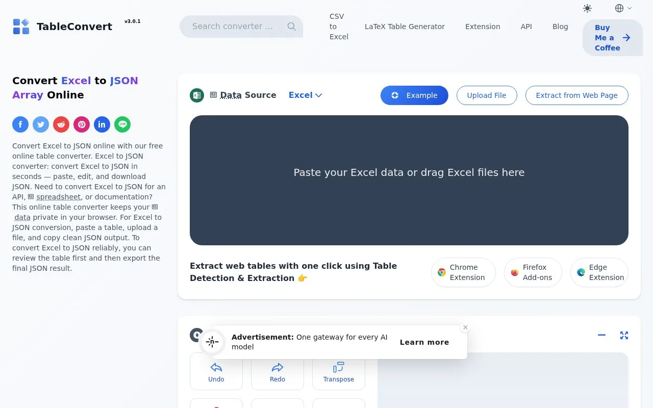 Tableconvert homepage screenshot
