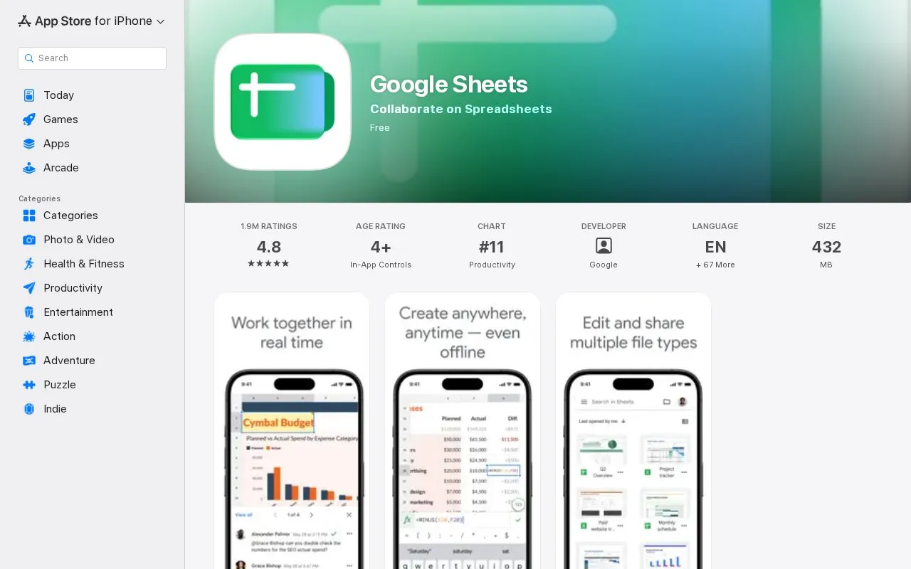 Google Sheets homepage screenshot