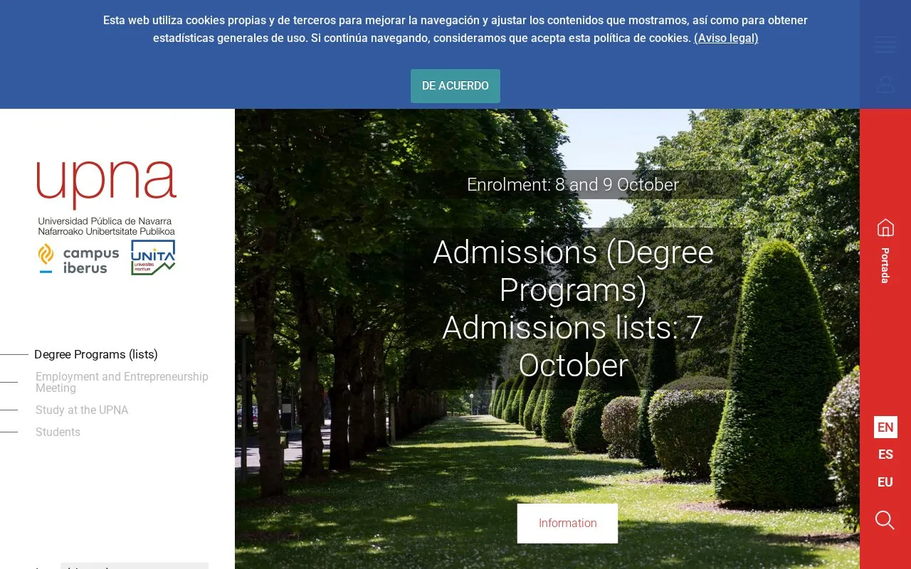 Universidad Publica de Navarra homepage screenshot