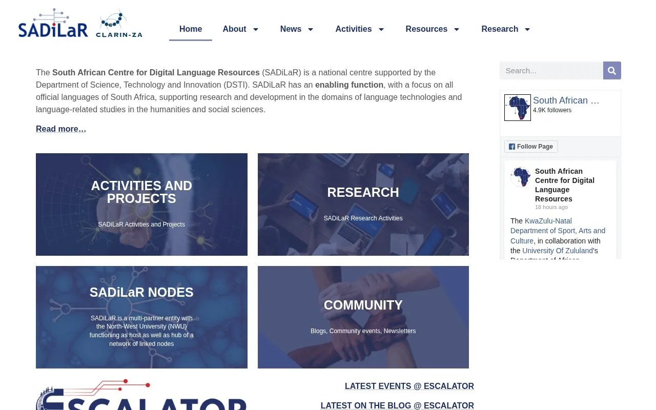 South African Centre for Digital Language Resources homepage screenshot