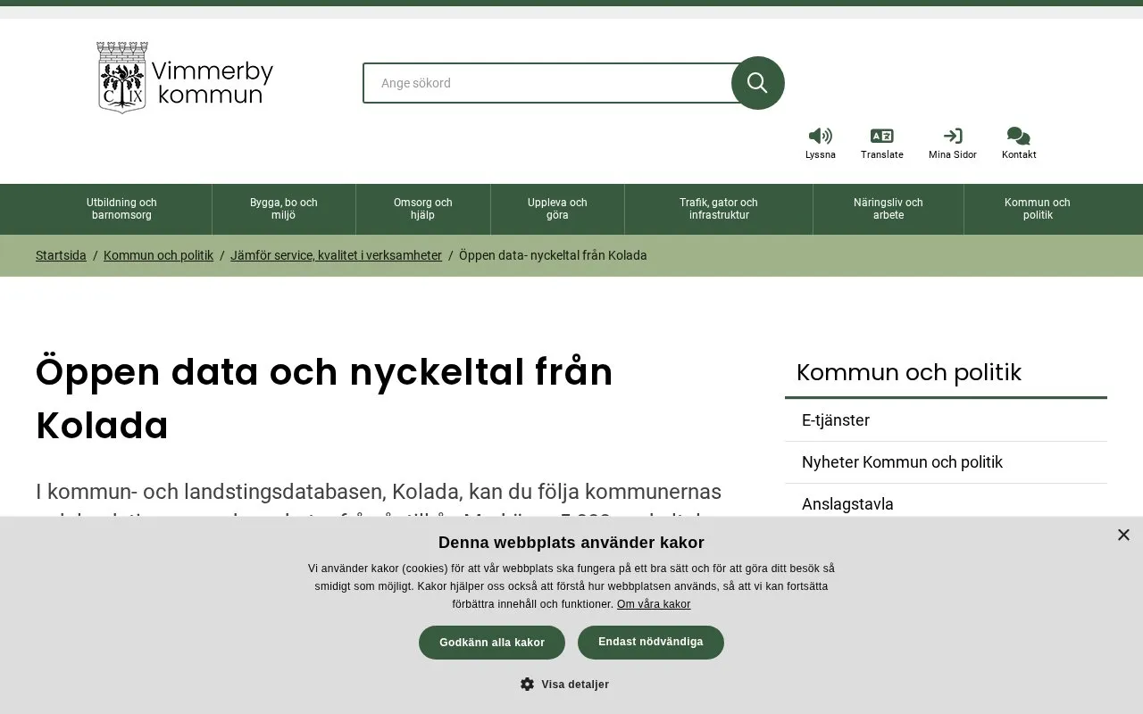 Vimmerby Open Data homepage screenshot