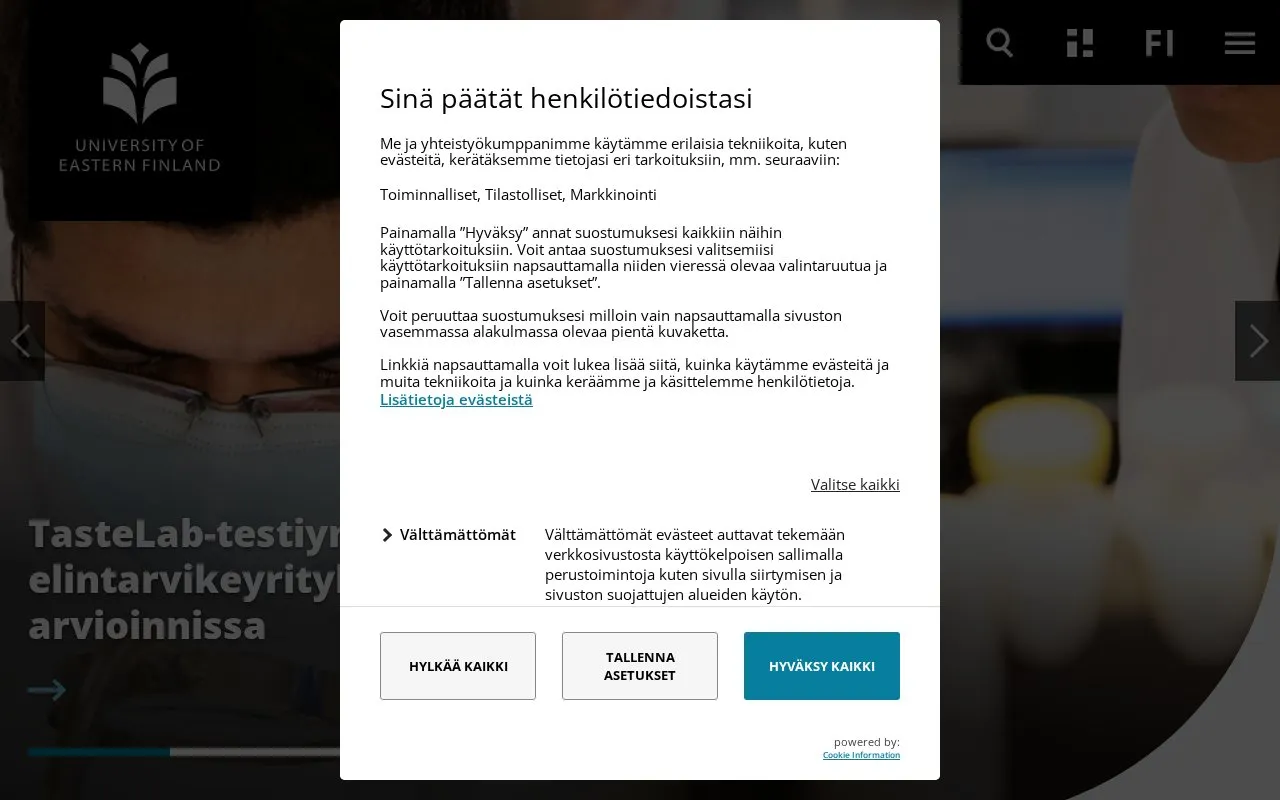 University of Eastern Finland homepage screenshot