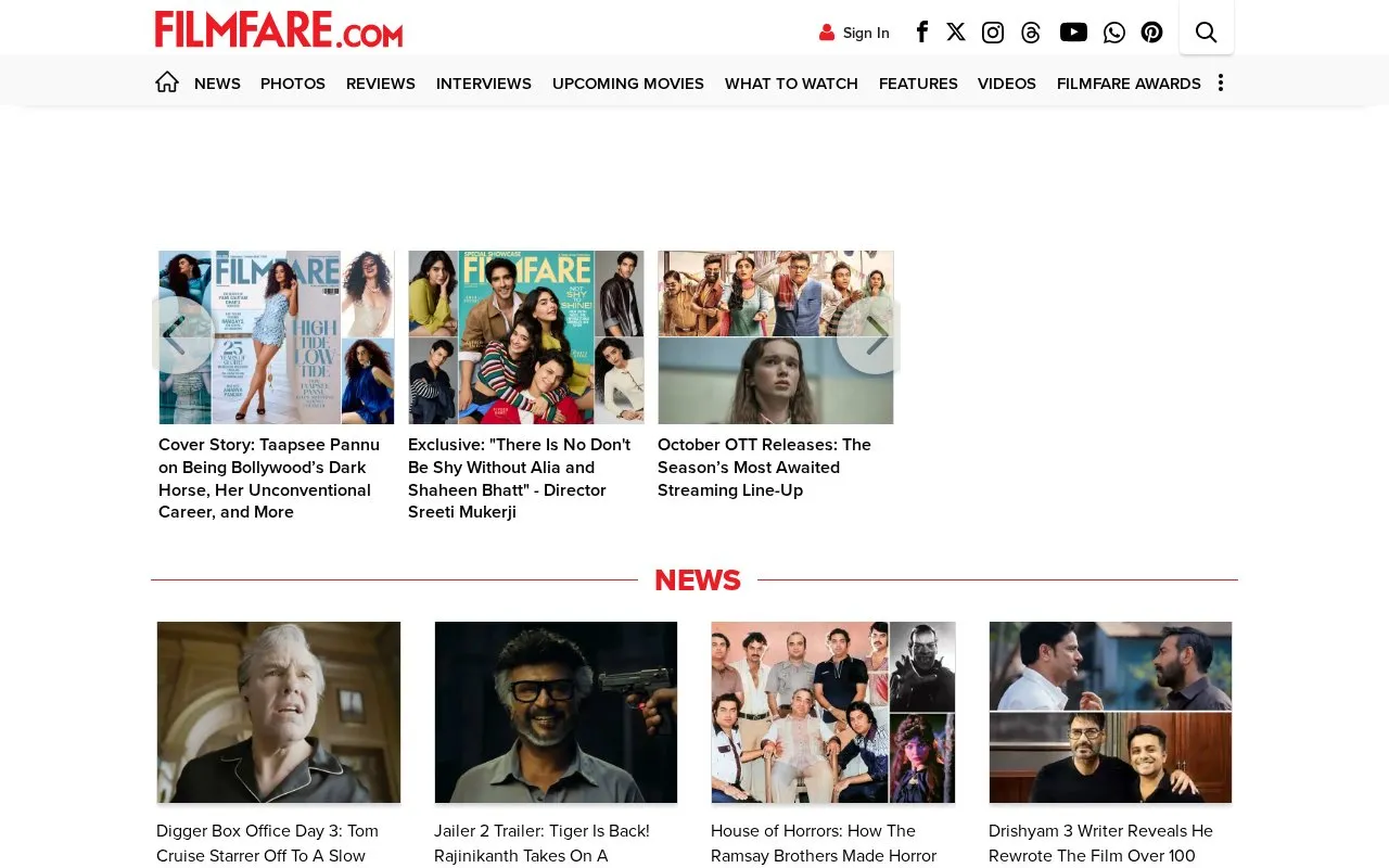 Filmfare homepage screenshot