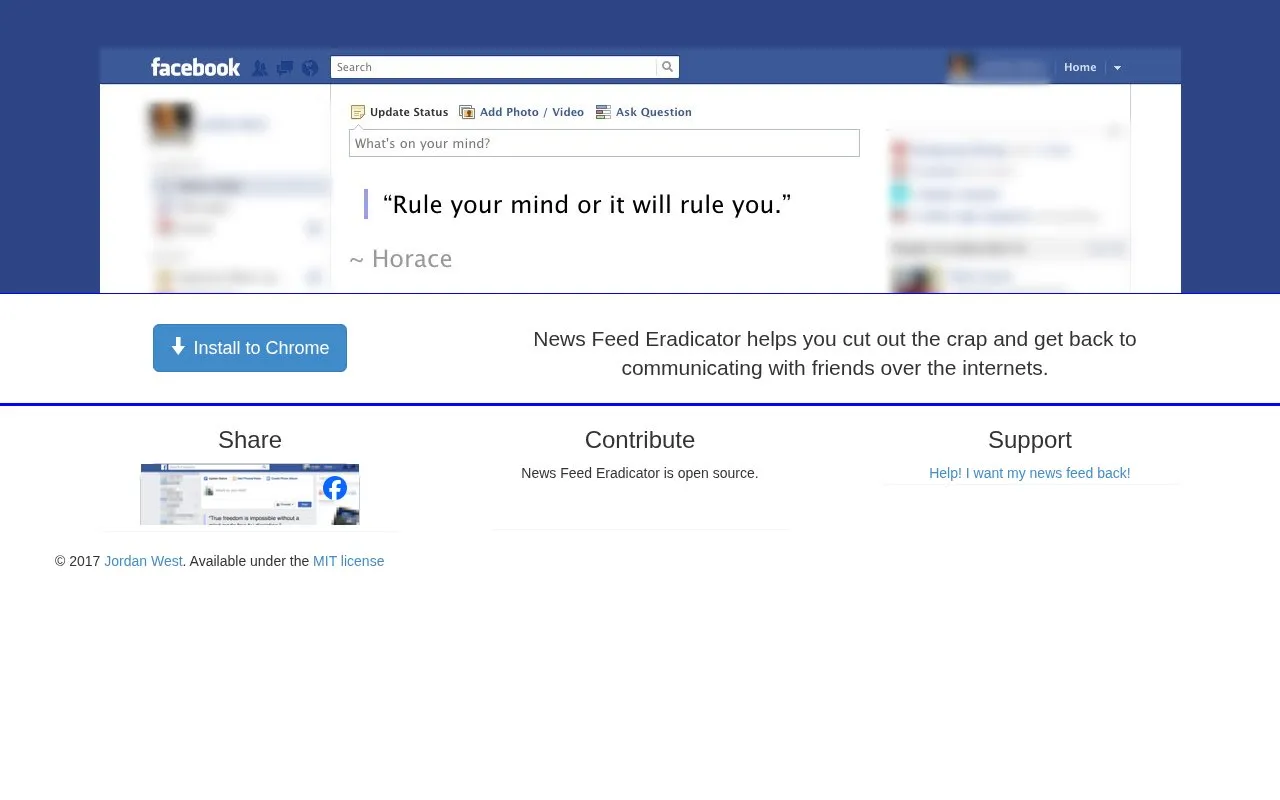 News Feed Eradicator homepage screenshot