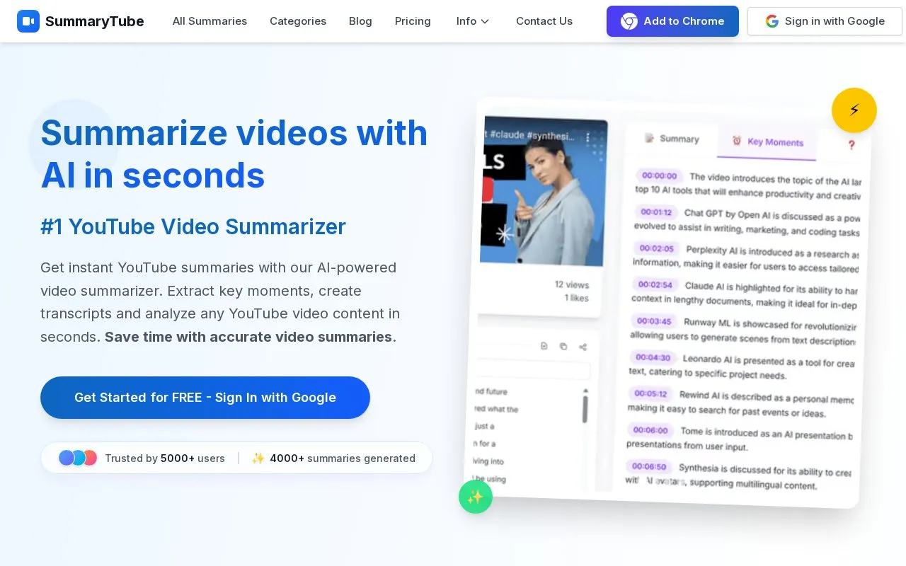 SummaryTube homepage screenshot