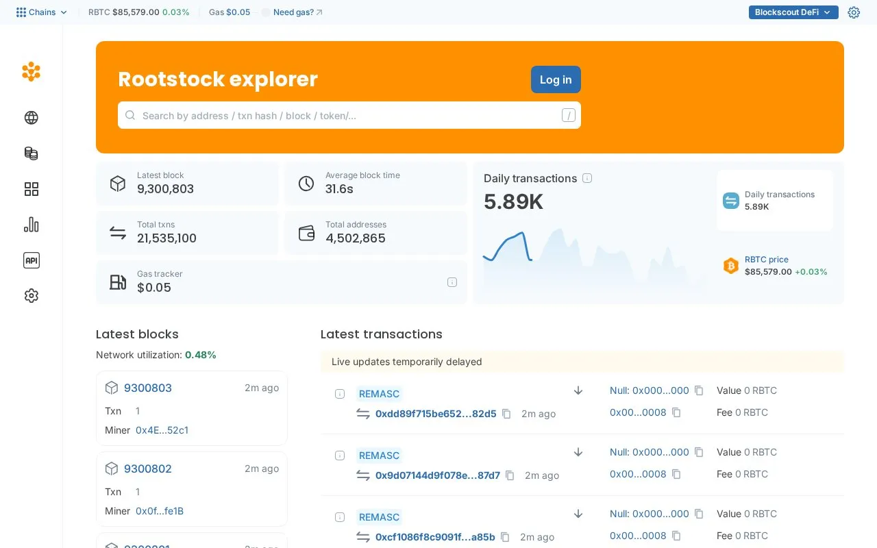Rootstock Mainnet — blockscout homepage screenshot