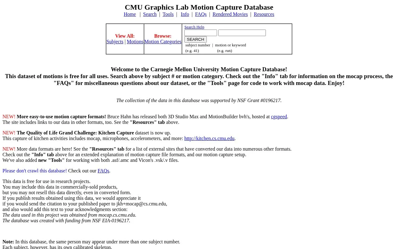 CMU Graphics Lab Motion Capture Database homepage screenshot