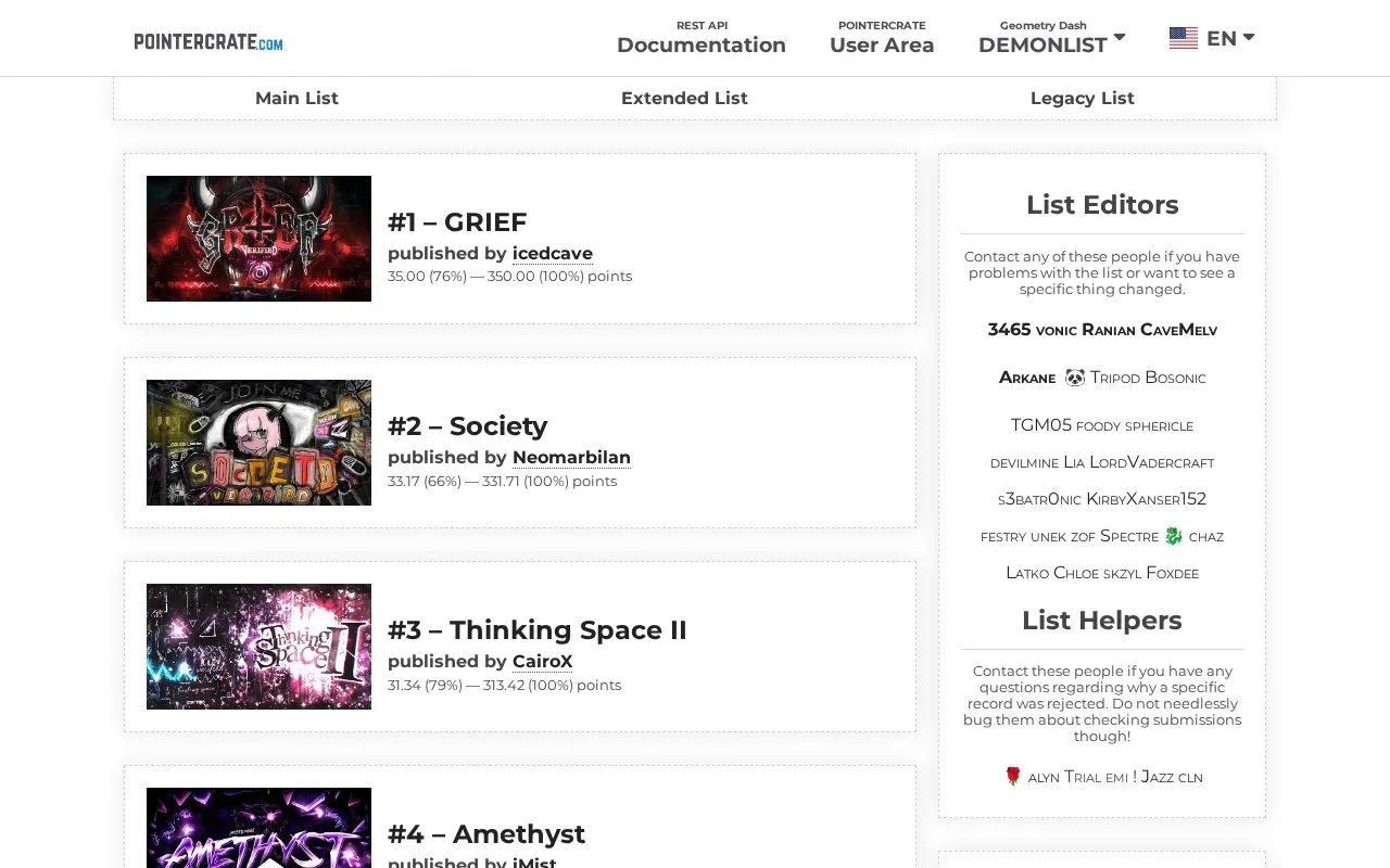 pointercrate homepage screenshot