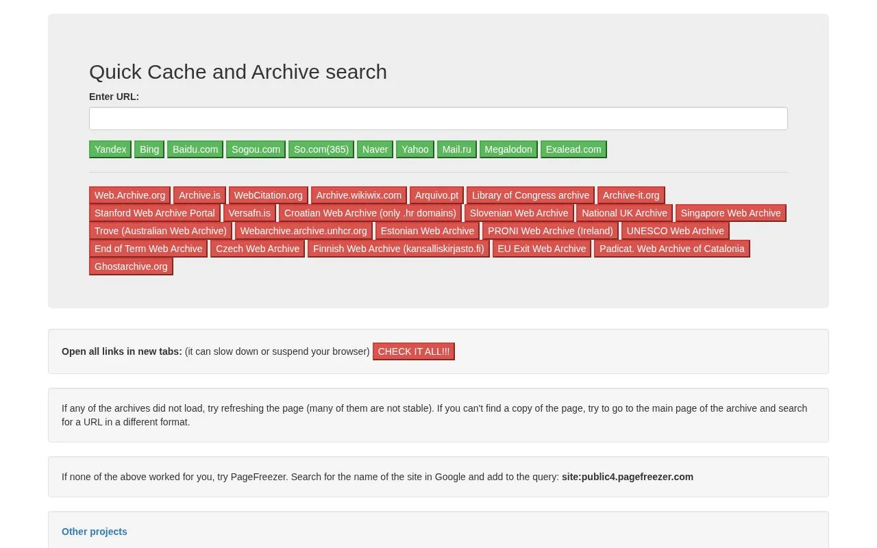 Quick Cache homepage screenshot