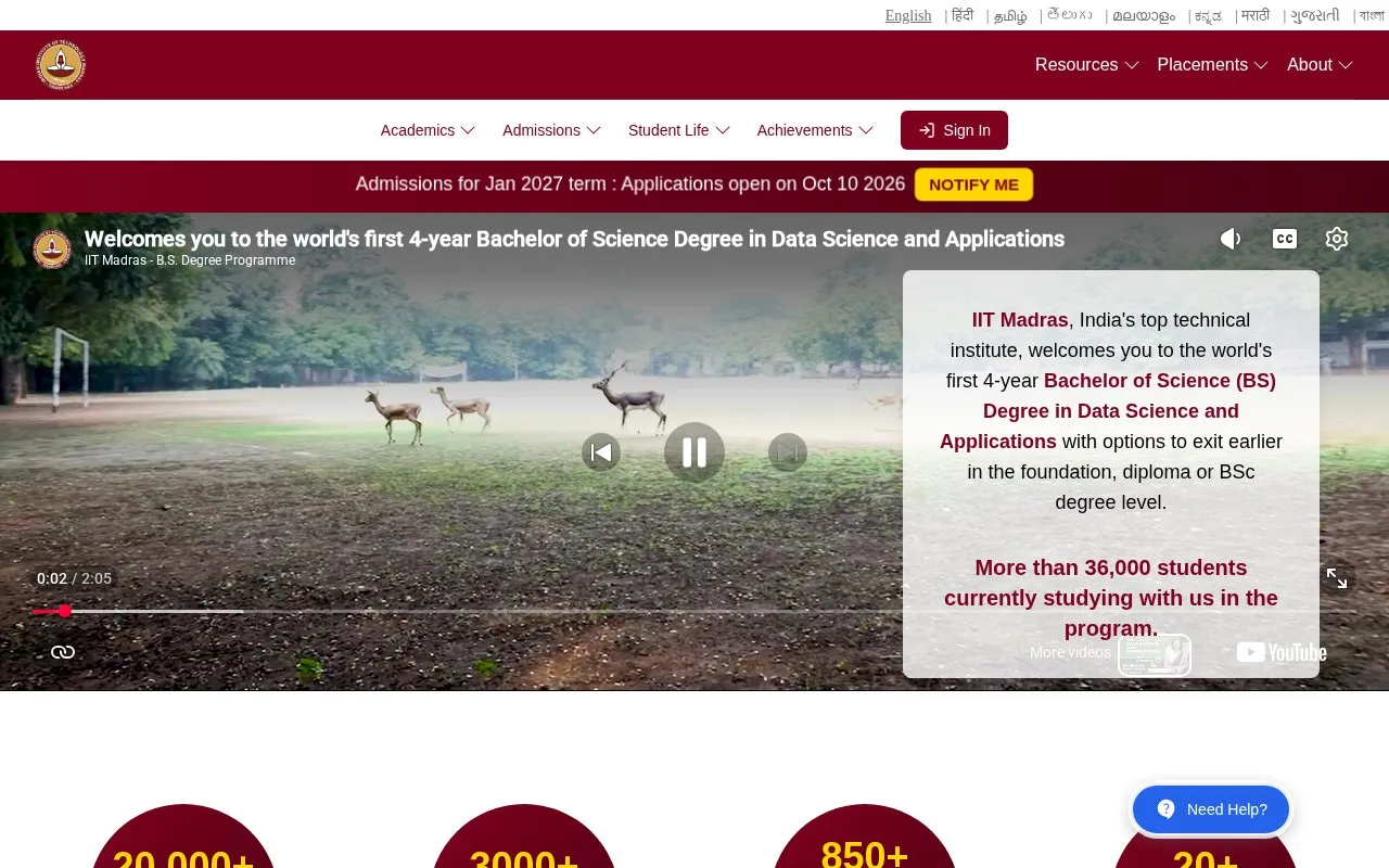 BS in Data Science & Applications homepage screenshot
