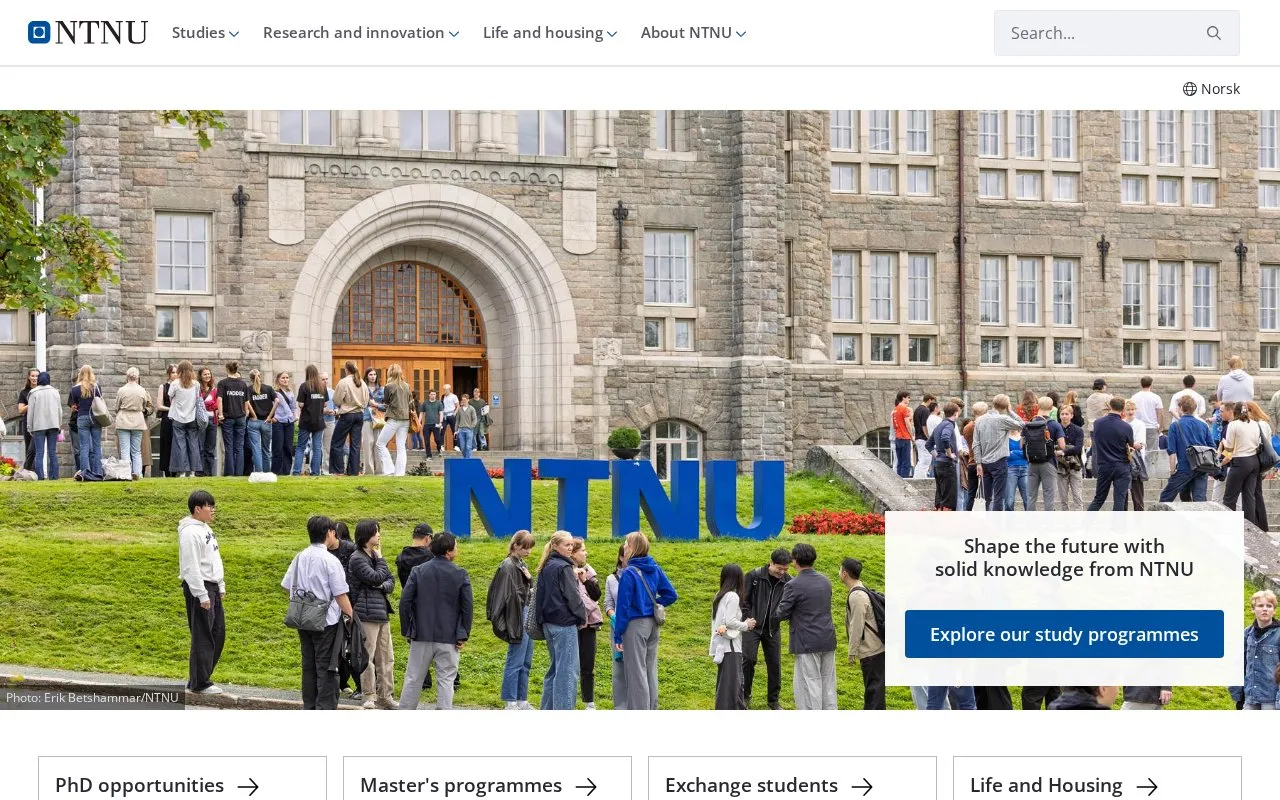 Norwegian University of Science and Technology homepage screenshot
