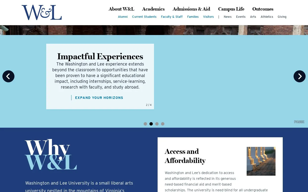 Washington and Lee University homepage screenshot