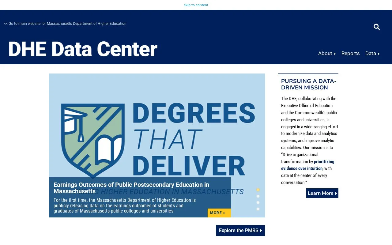 Massachusetts Department of Higher Education Data Center homepage screenshot