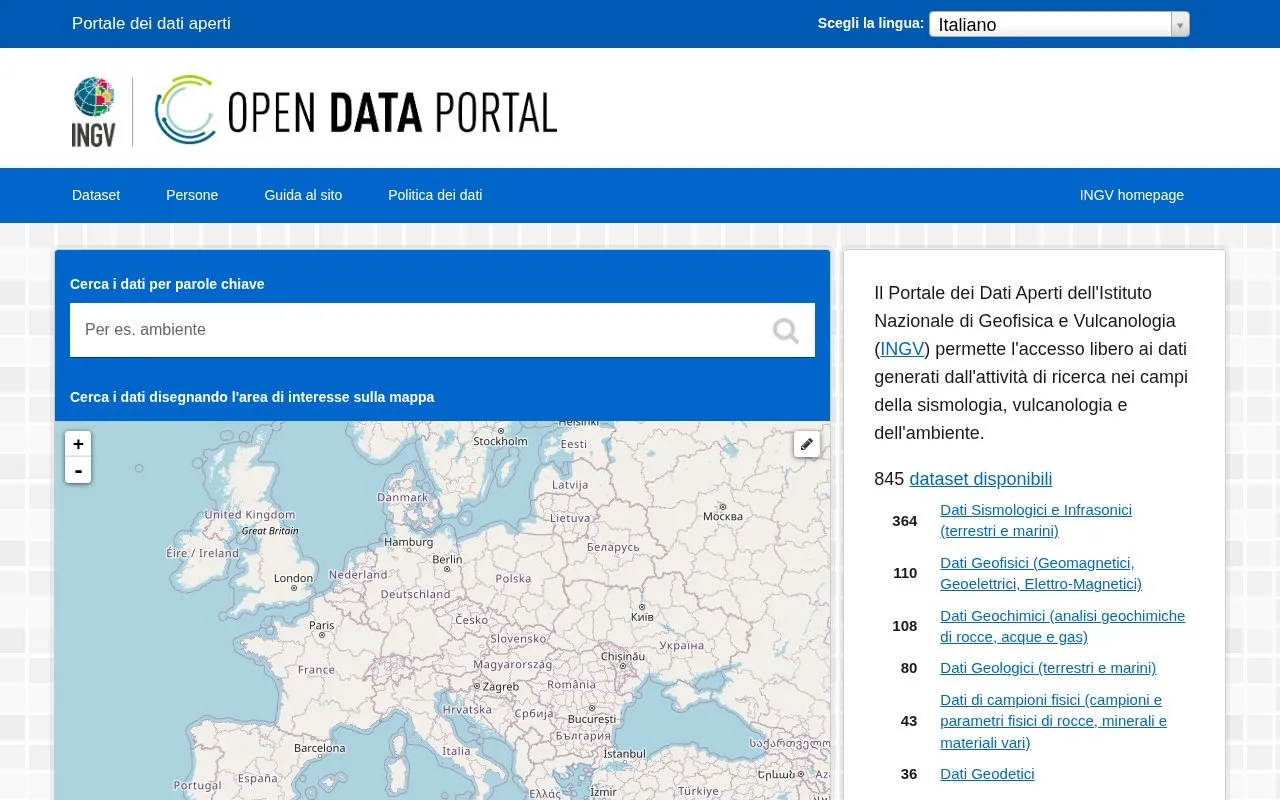 INGV Open Data Registry homepage screenshot