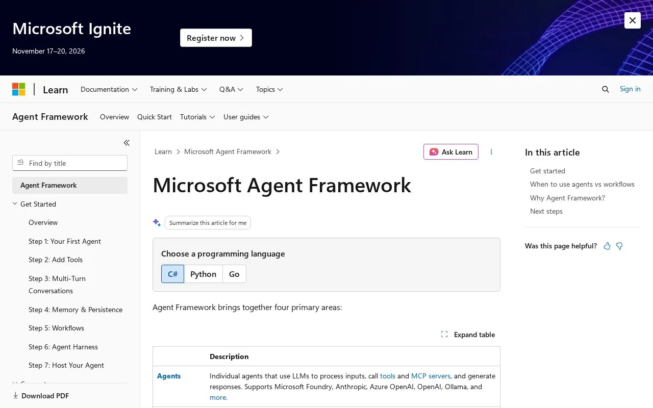 Microsoft Agent Framework homepage screenshot