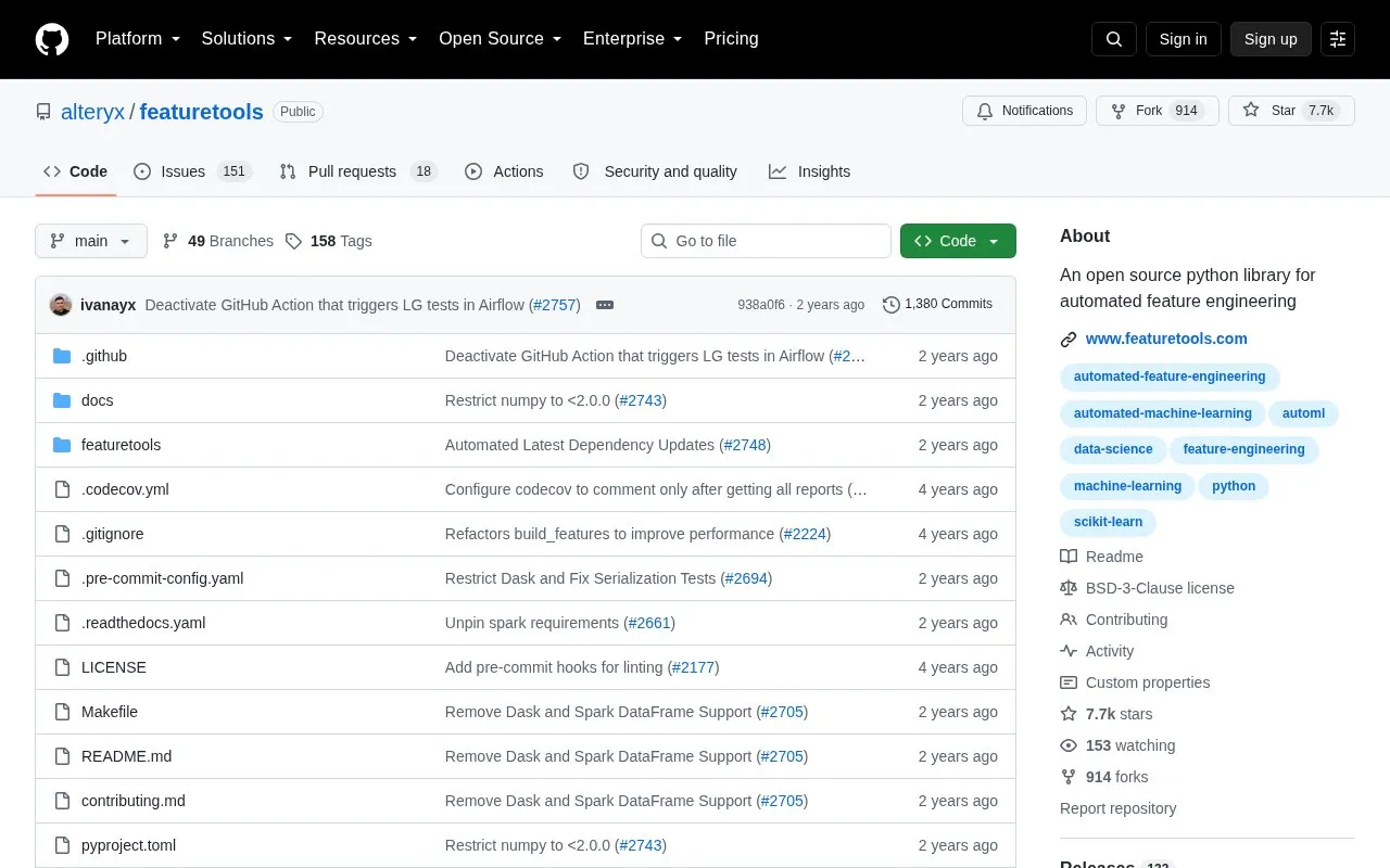 Featuretools homepage screenshot