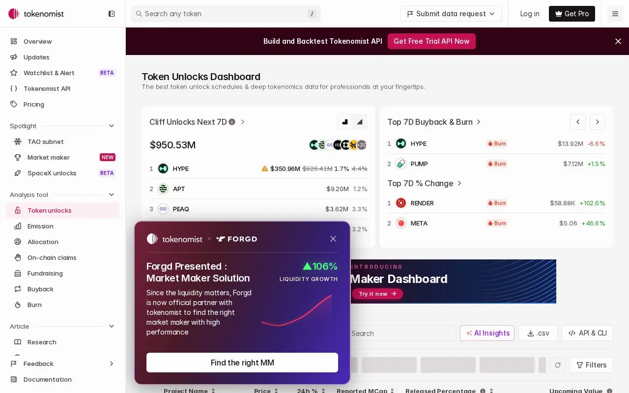 TokenUnlocks homepage screenshot