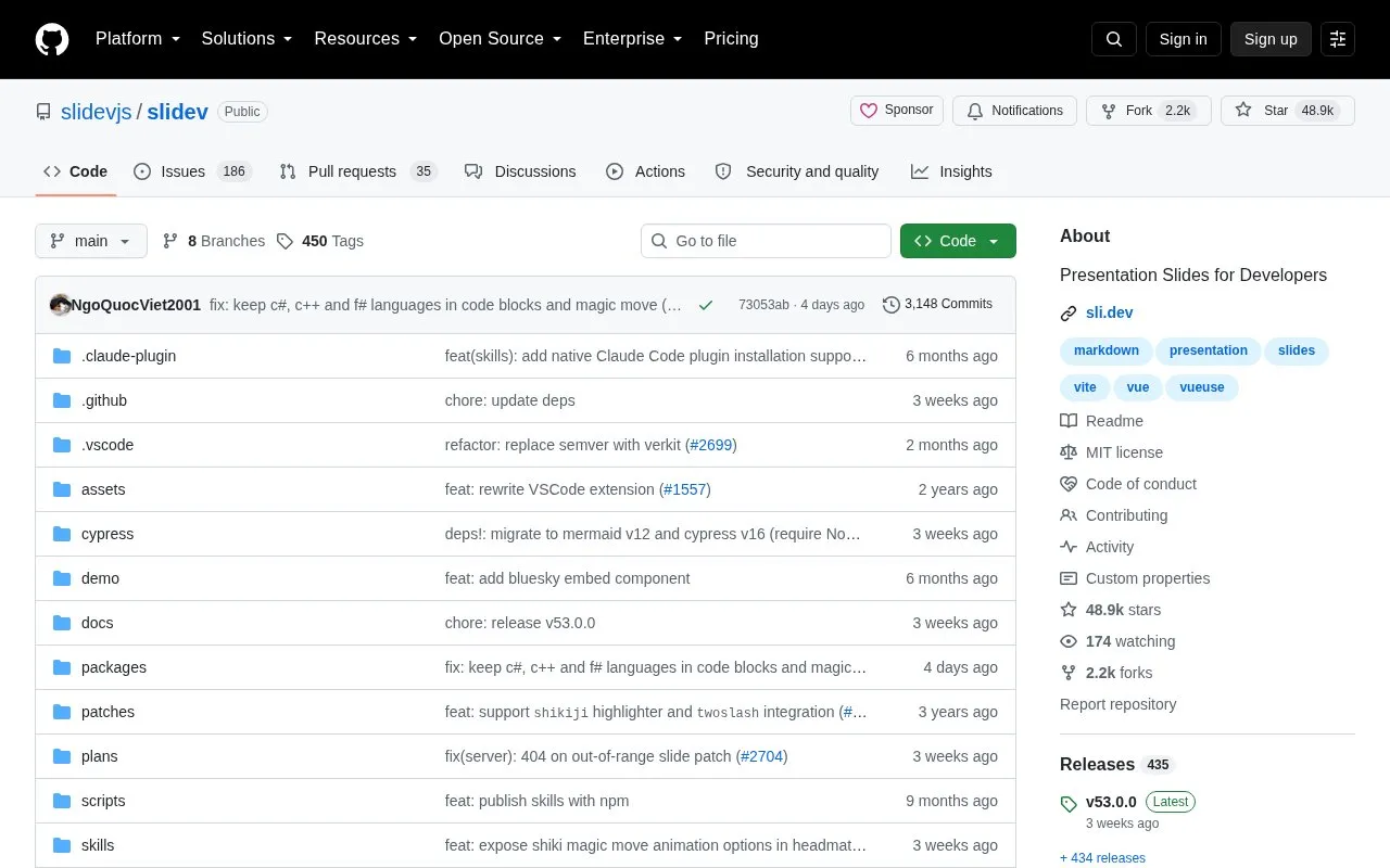 Slidev homepage screenshot