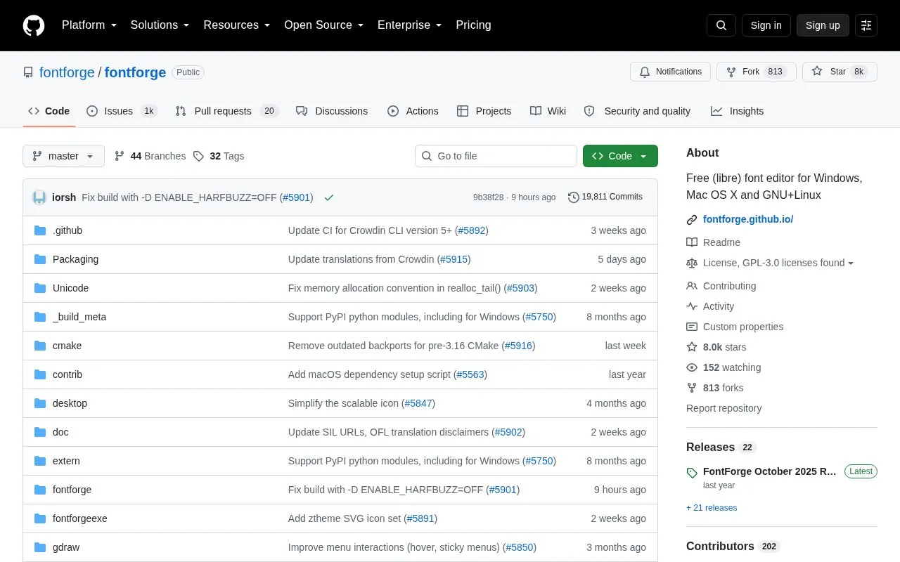 Fontforge homepage screenshot
