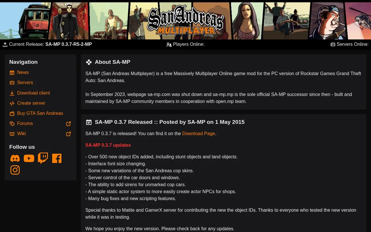 San Andreas: Multiplayer homepage screenshot