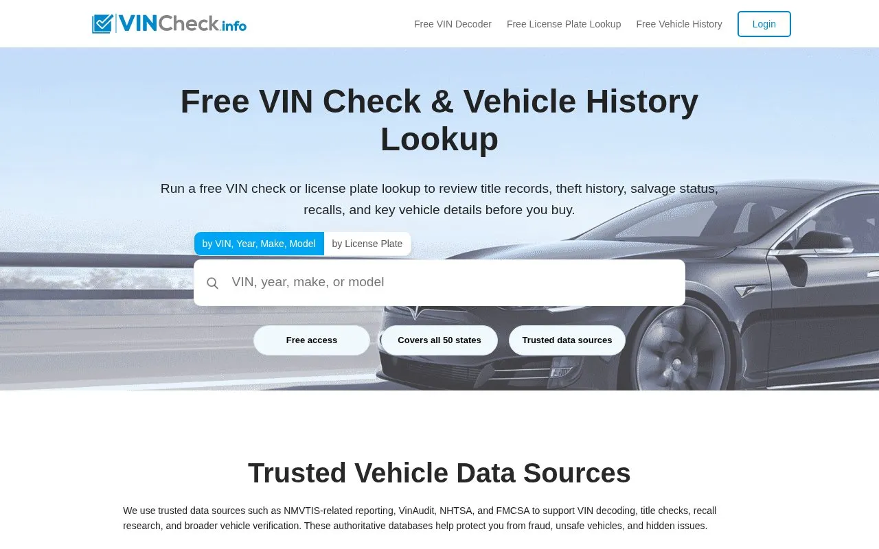 VIN Check Reports homepage screenshot
