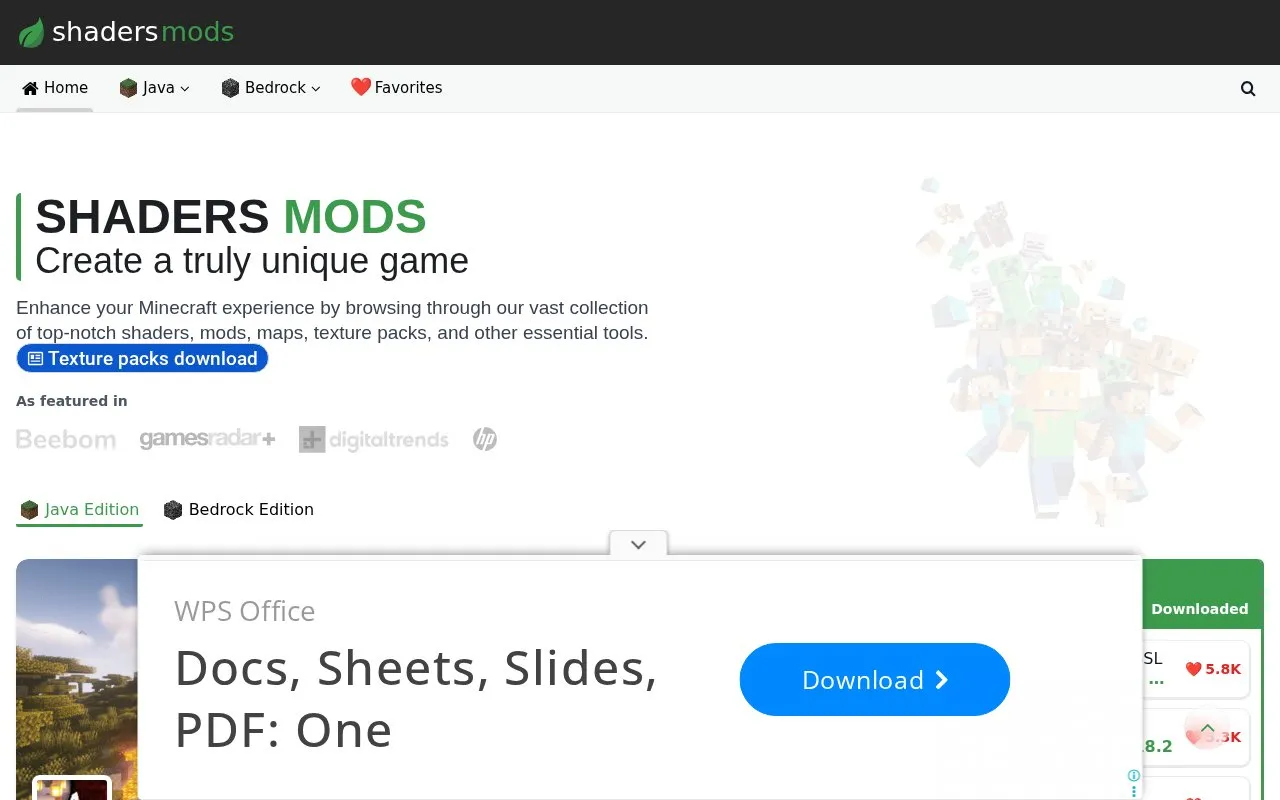 ShadersMods homepage screenshot