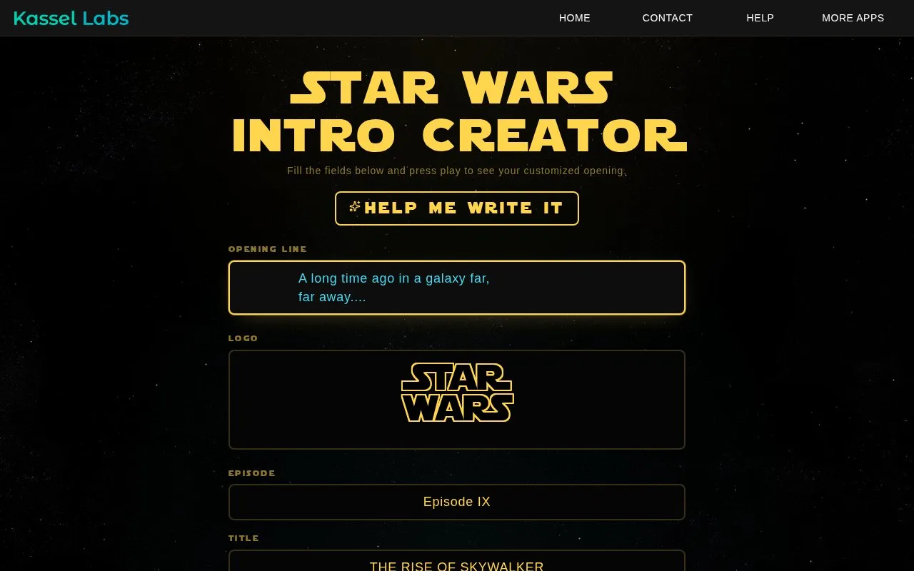 Star Wars Intro Creator homepage screenshot