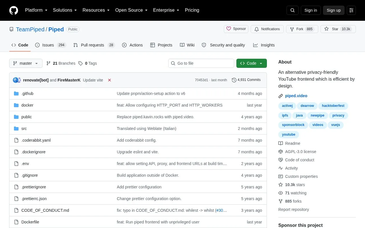Piped homepage screenshot