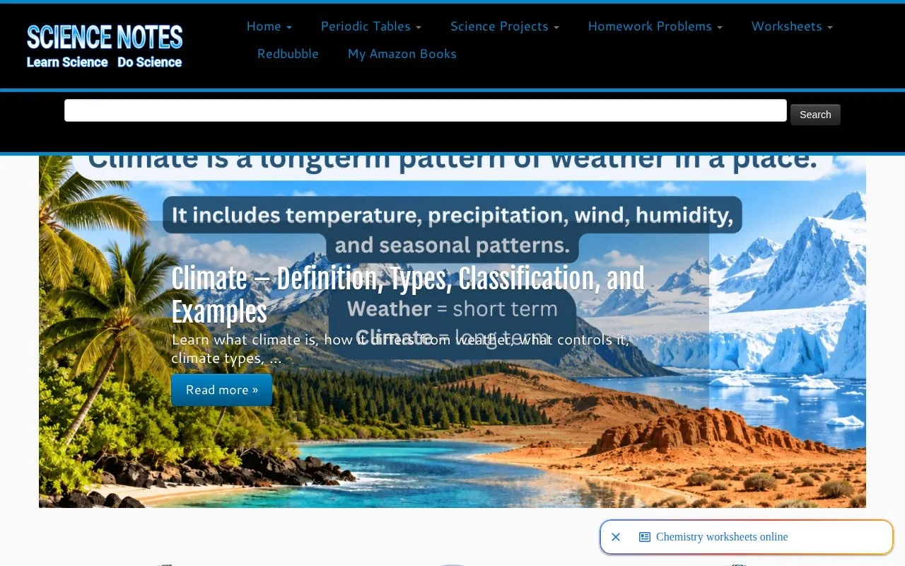 Sciencenotes homepage screenshot