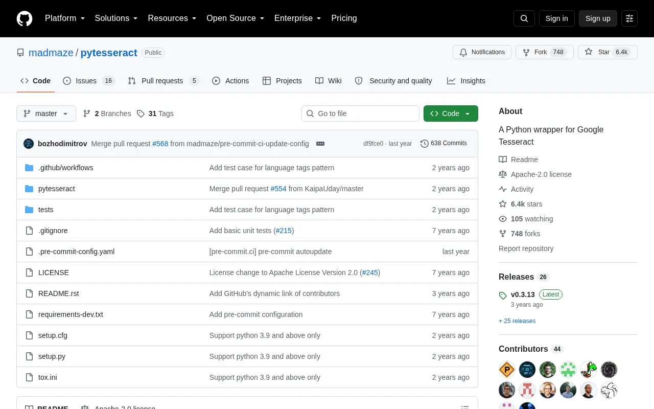 pytessarct homepage screenshot