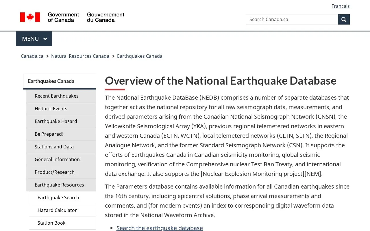 National Earthquake DataBase homepage screenshot