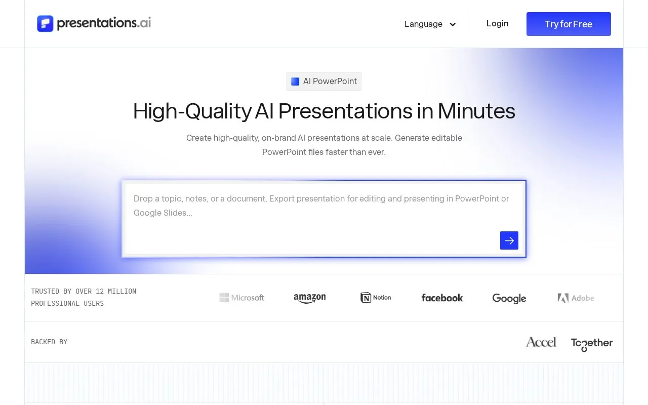 Presentations.AI homepage screenshot