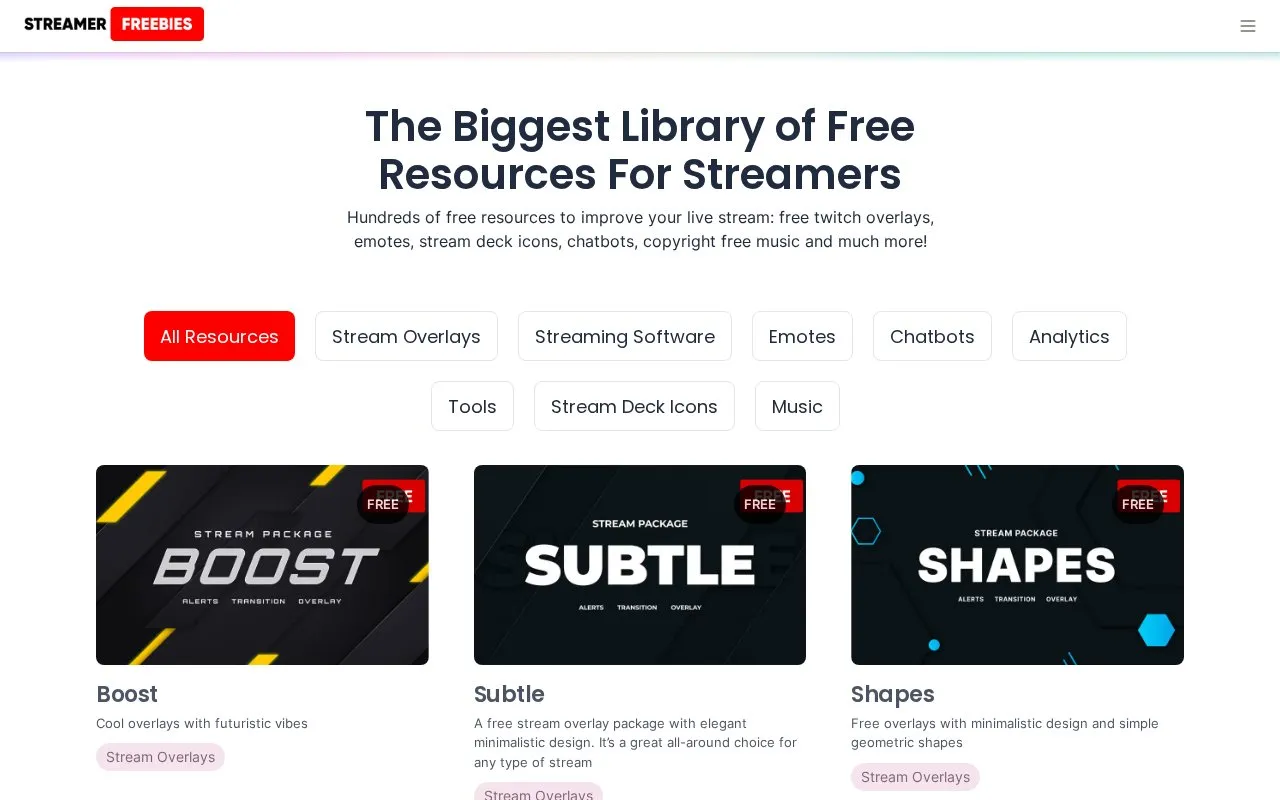 StreamerFreebies homepage screenshot