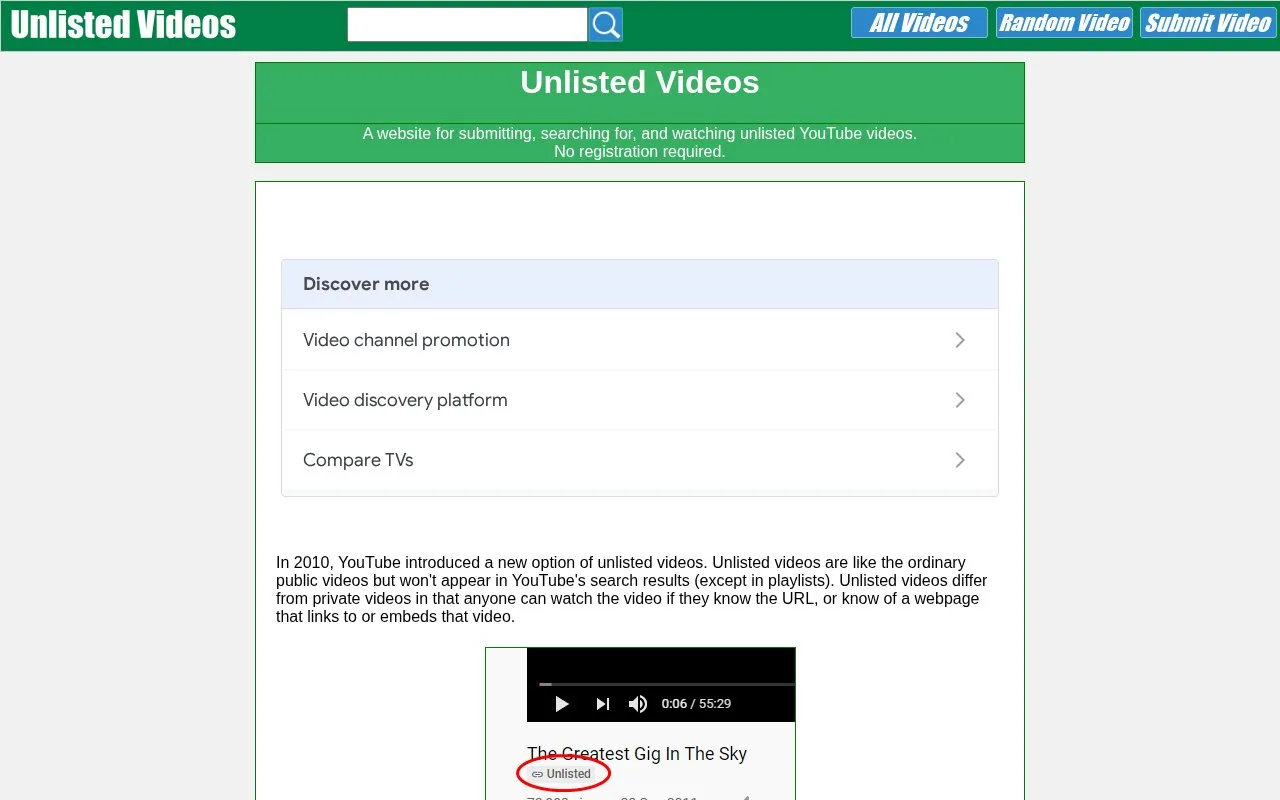 Unlisted Videos homepage screenshot