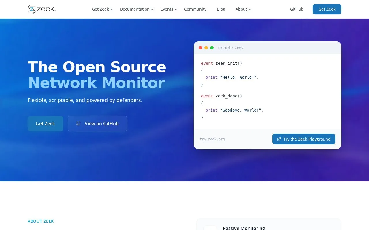 Zeek homepage screenshot
