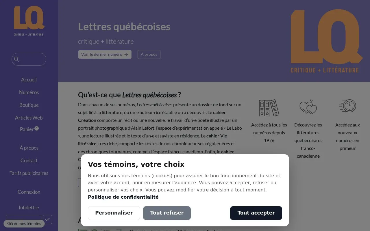 Lettres québécoises homepage screenshot