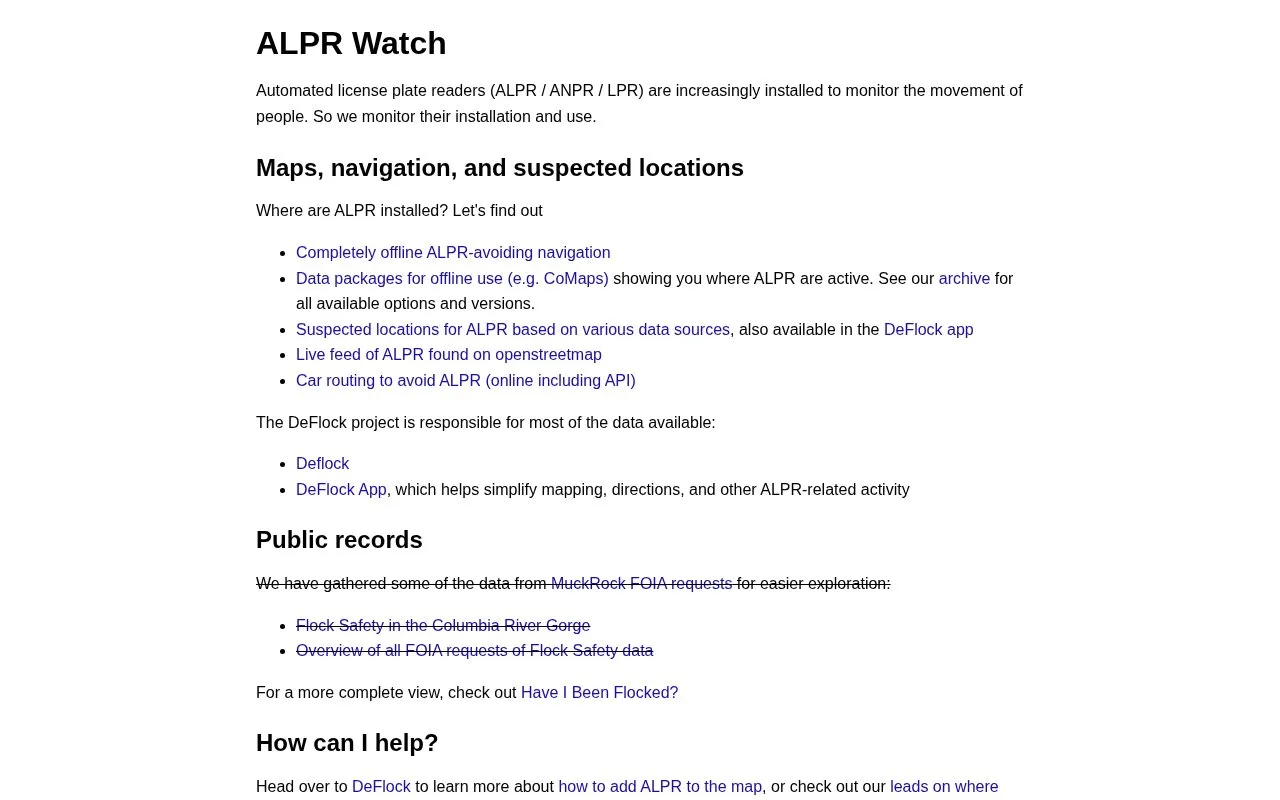 ALPR Watch homepage screenshot