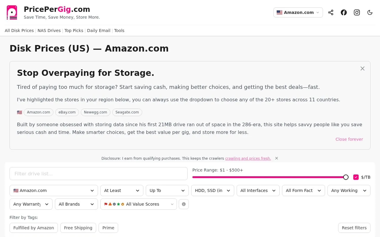 PricePerGig homepage screenshot